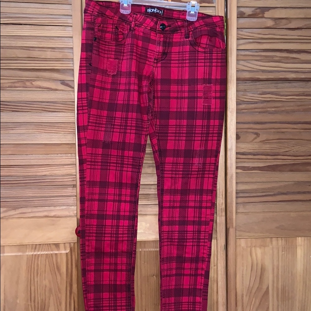 BONGO skinny jeans red black plaid Junior 13 punk goth vintage!